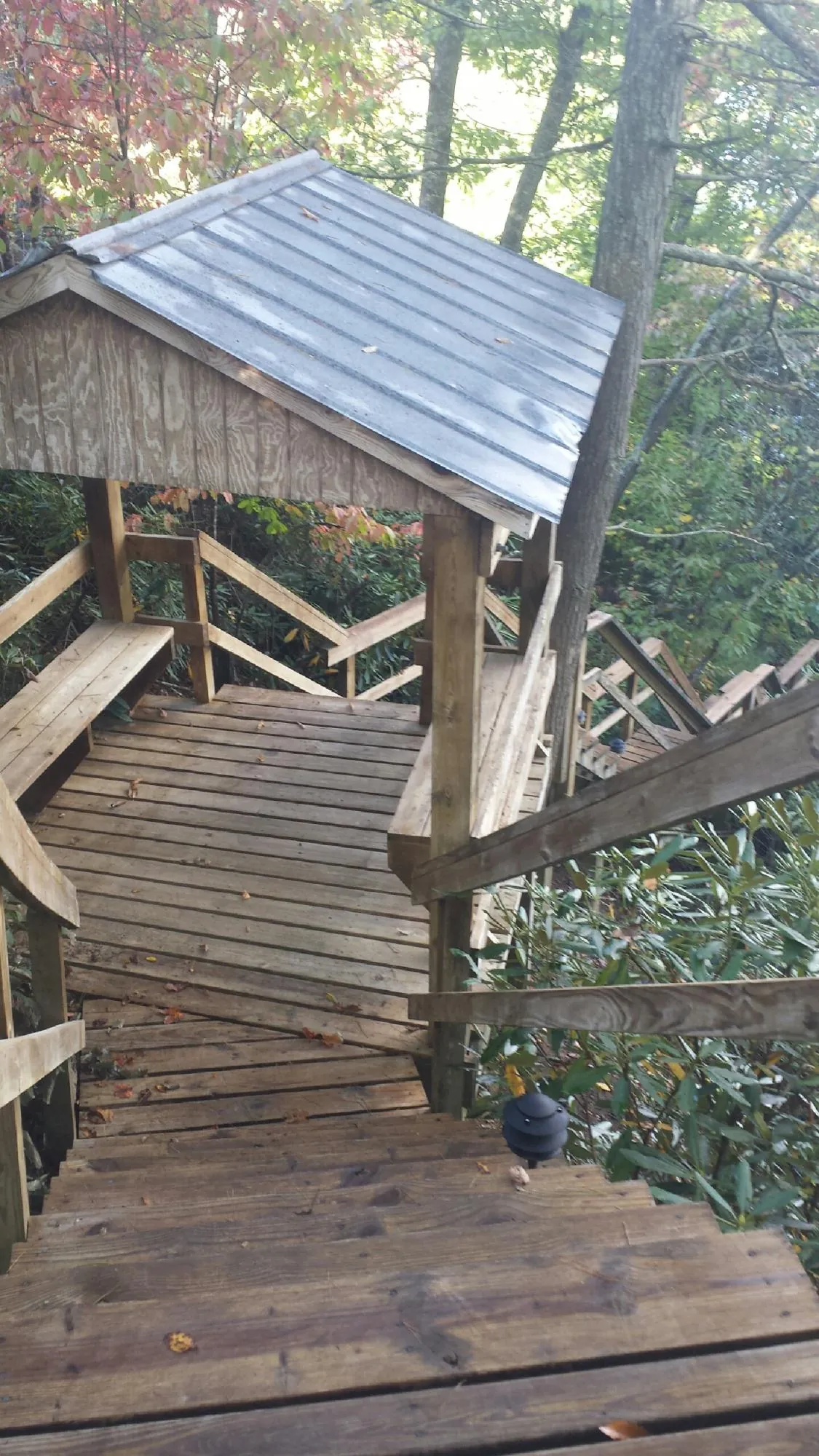 Metal roofed shelter over wooden steps on a wooded walkway — Skylight Repair & Installation work by our crew in Mc Knightstown
